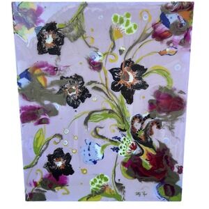 Original Abstract Floral Resin Painting Mixed Media Wall Art 19x24 Signed Canvas